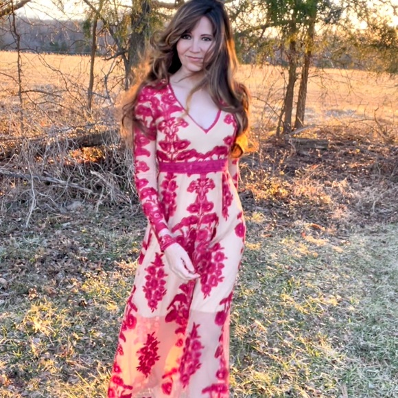 Chicwish Size XS V-neck floral embroidered mesh maxi dress wine red - Picture 15 of 15